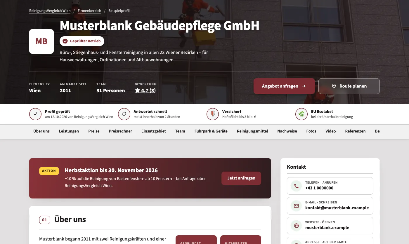 Beispielprofil am Computer: Kopf mit Siegel, Vertrauensleiste, Aktion und Kontakt