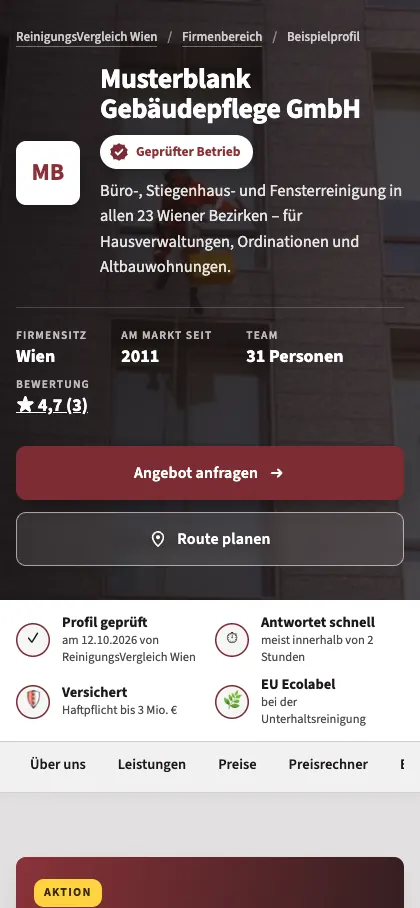 Firmenprofil auf dem Handy mit Siegel „Geprüfter Betrieb“